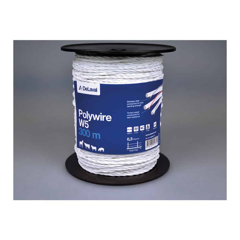 DeLaval_Polyrep_standard_5mm Sladd Polywire DeLaval för bete, 300 meter, vit, HDPE tråd, rundbalsare, stark, 0,3 ohm/m, för elstängsel.