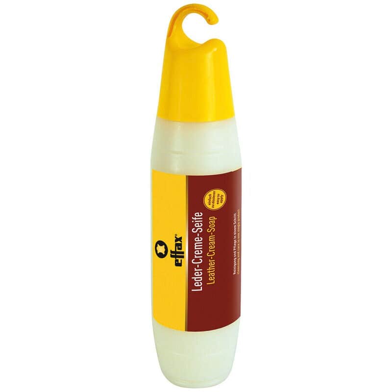 770067-1 Elfax Leder Creme Seife Skum - Svart och gul färgad flaska, rengör och vårdar läderprodukter.