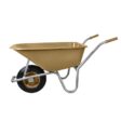 En barnvagn med stålram och beige plastkärra, för transport och trädgårdsarbete.