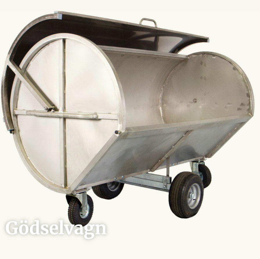 Gödselvagn med hjul och tak för lantbruk och trädgård Gödselvagn av metall med hjul och tak för lantbruk och trädgård.